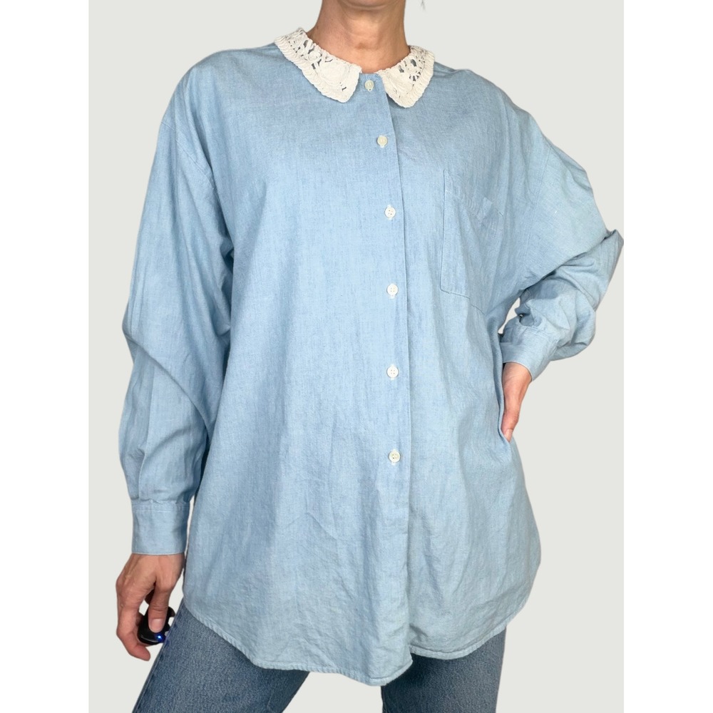 Vintage Gap Blue Chambray Battenburg Lace Peter Pan Collar Button Down Shirt 90s